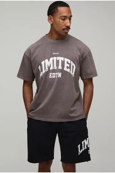 Oversized Washed Limited Edition Printed T-Shirt & Short Set - washed chocolate