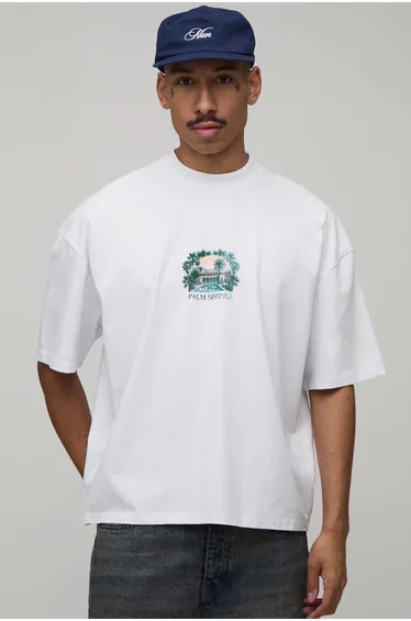 White Oversize Boxy Palm Springs Print T-Shirt - white
