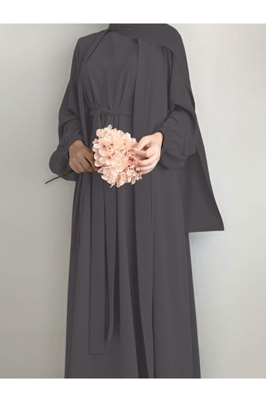 Women Solid Long Sleeve Front Open Abaya with Inner Dress