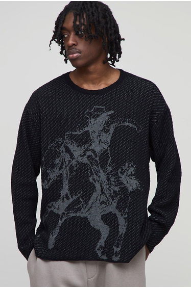 Oversized Long Sleeve Textured Western Knitted T-Shirt - black