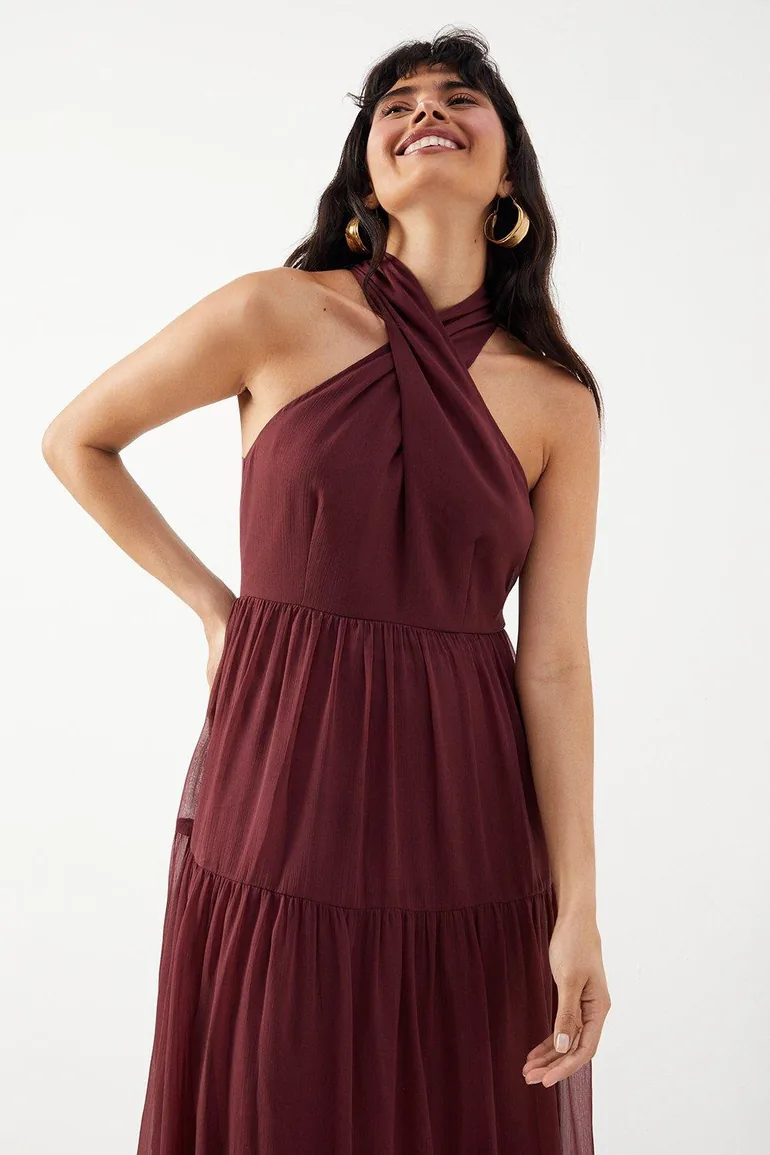 Shop Chiffon Halter Tier Maxi Dress Online in Qatar