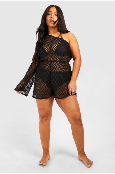 Plus Jersey Knitted One Shoulder Beach Playsuit - black