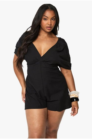 Plus Linen Look Tie Black Puff Sleeve Playsuit