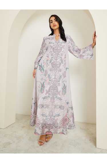 Women Paisley Print Jalabiya with Rhinestone Embellishment