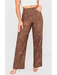Chocolate Washed Faux Leather Dart Pocket Straight Leg Trousers - 1