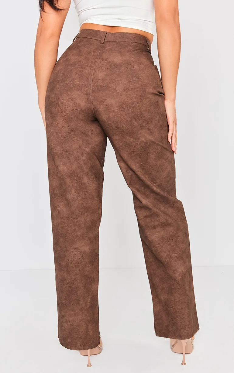 Chocolate Washed Faux Leather Dart Pocket Straight Leg Trousers - 2