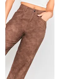 Chocolate Washed Faux Leather Dart Pocket Straight Leg Trousers - 3