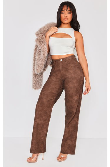 Chocolate Washed Faux Leather Dart Pocket Straight Leg Trousers