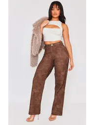 Chocolate Washed Faux Leather Dart Pocket Straight Leg Trousers