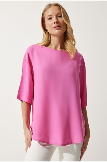 Women's Pink Crew Neck Flowy Viscose Blouse
