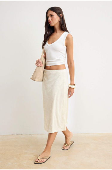 Ecru Floral A-Line/A Bell Form Elastic Waist Regular Waist Midi Lace Knitted Skirt