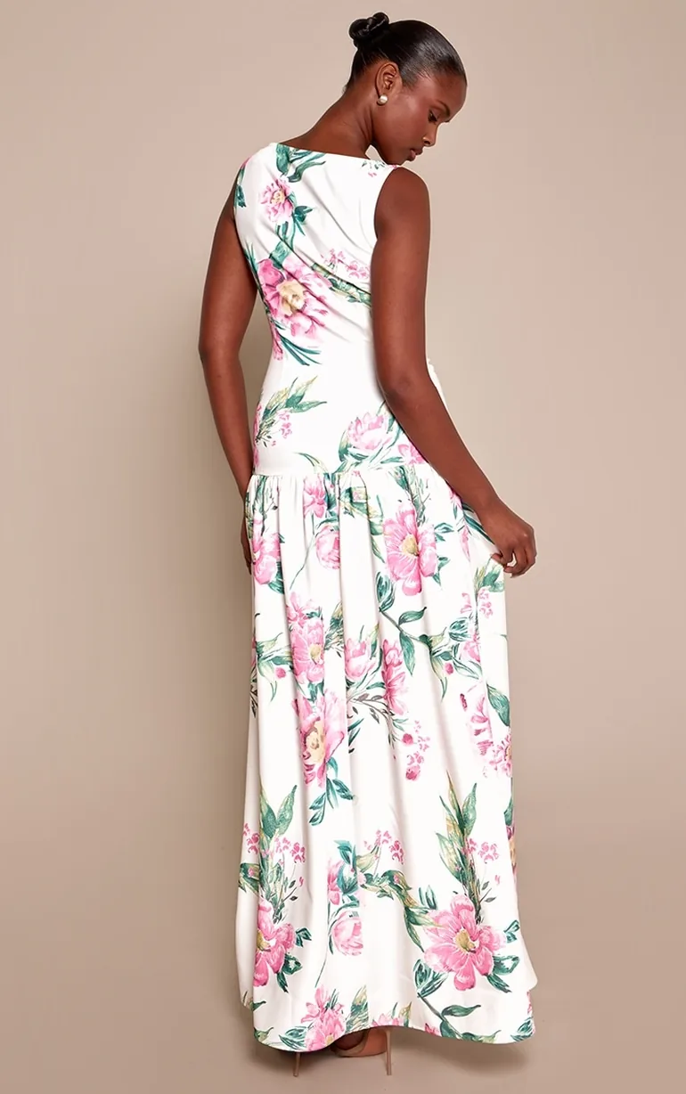 فستان ماكسي بخصر منسدل بأزرار بطبعة أزهار - كريمي - 1