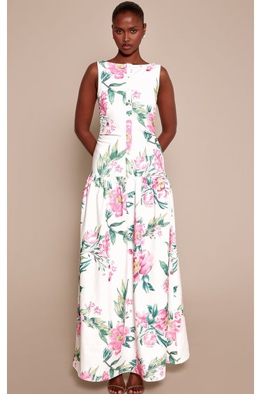 Cream Floral Woven Button Dropped Waist Maxi Dress
