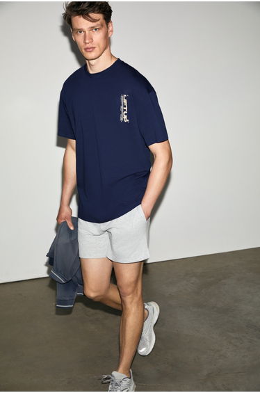 GRIMELANGE ANTONIO Men's Printed Detail 100% Organic Cotton 3-Ply Knit Oversize Navy T-Shirt