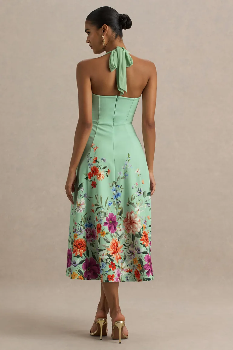Auburn | Mint Placement Floral Halter-Neck Midi Dress - 1