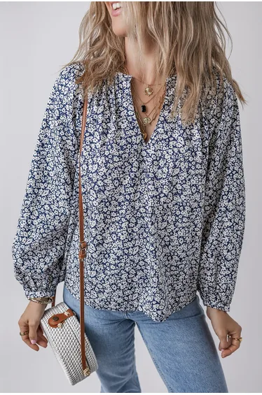 Lvnes Blue Floral Print Notched V Neck Puff Sleeve Blouse