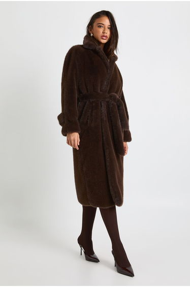 Longline Belted Faux Fur Jacket - chocolate