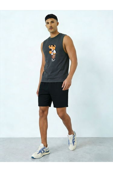 Men Grey Graphic Print Round Neck Tank and Shorts Co-Ords