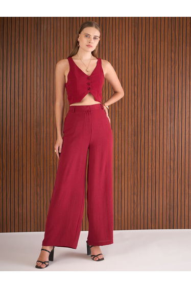 Maroon Crop Waistcoat and Straight Pants Co-Ords