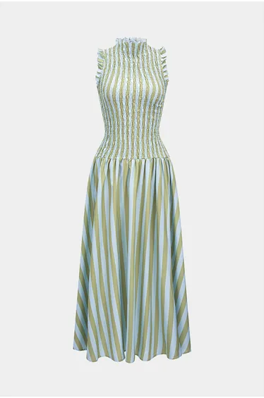 Stripes Print Smocked Scallop Edge Sleeveless Maxi Dress