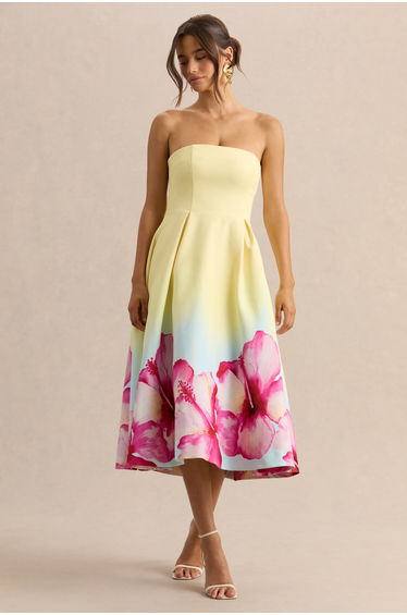 Zoya | Yellow Ombre Lily Print Bandeau Midi Dress