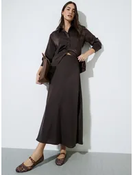 Brown Solid A-Line Maxi Skirt