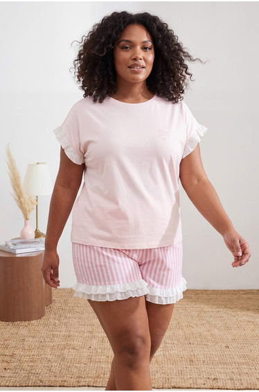 Powder Ruffle Detailed Striped Knitted Plus Size Pajama Set