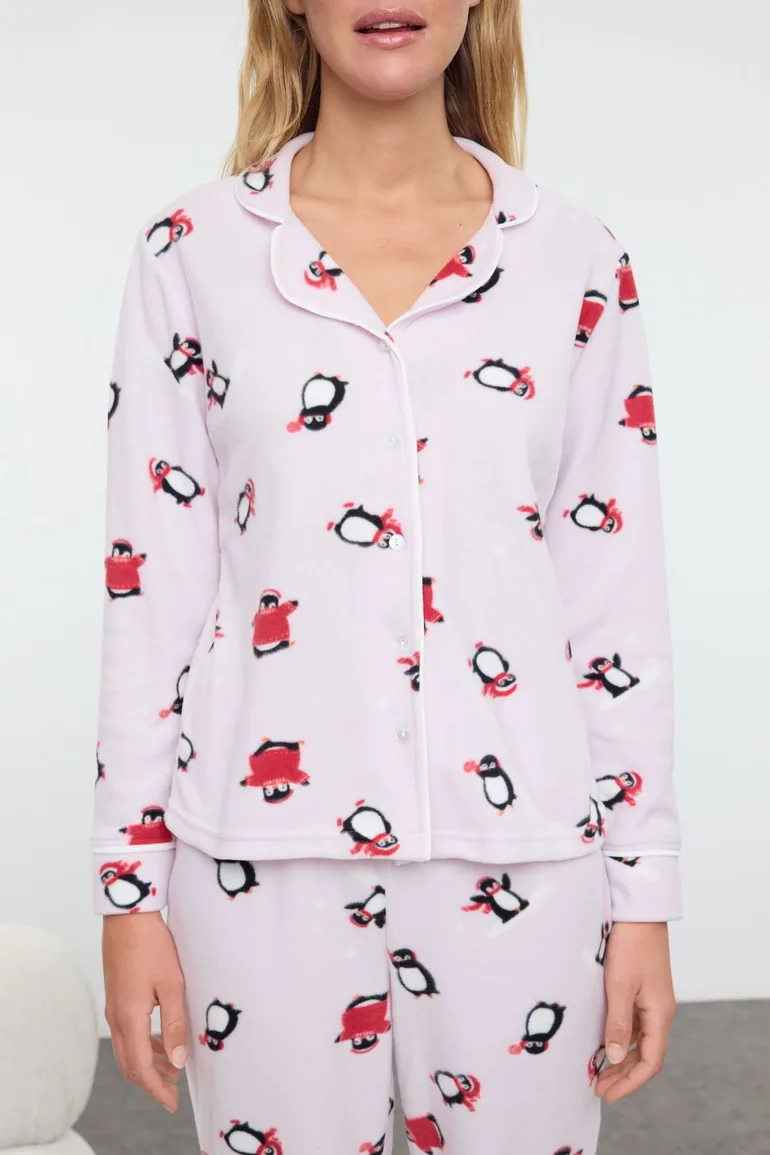 Pink Penguin Patterned Piping Detailed Polar Winter Knitted Pajama Set - 2