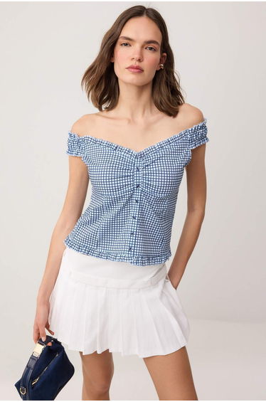 Blue Checkered Rubber Detailed Woven Blouse