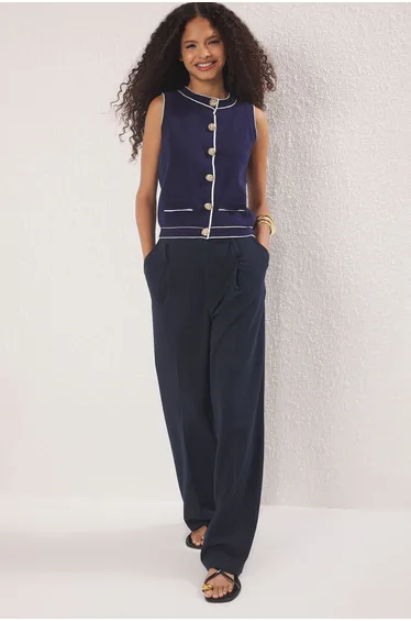 Navy Blue Premium Yarn/Special Yarn Crew Neck Color Block Knitted Thin Blouse