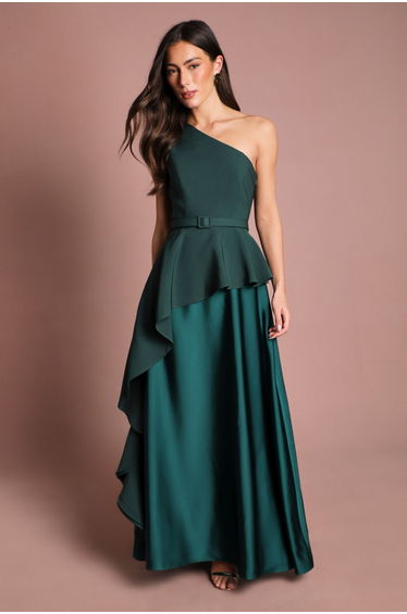 One Shoulder Ruffle Detail Satin Maxi Dress