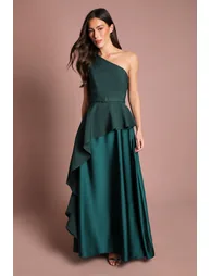 One Shoulder Ruffle Detail Satin Maxi Dress