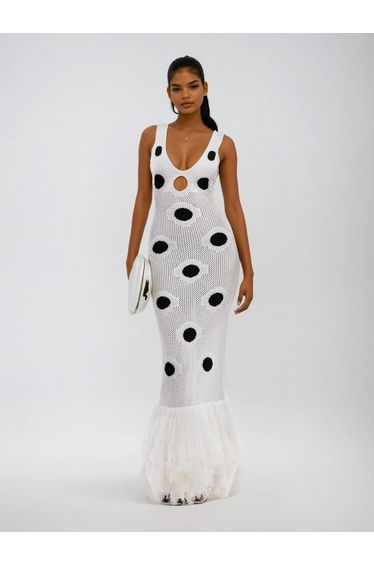 Gaelion Dot Fringe Knitted Midi Dress In White