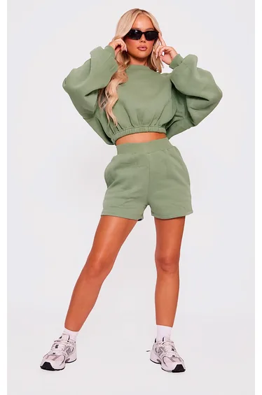Sage Khaki Oversized Thick Waist Band Runner Shorts