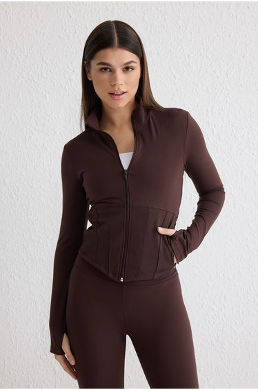 Brown Brushed Soft Fabric Thumb Hole Knitted Sports Jacket/Sweatshirt