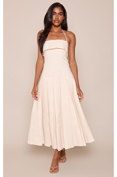 Cream Woven Pleated Hem Midaxi Dress