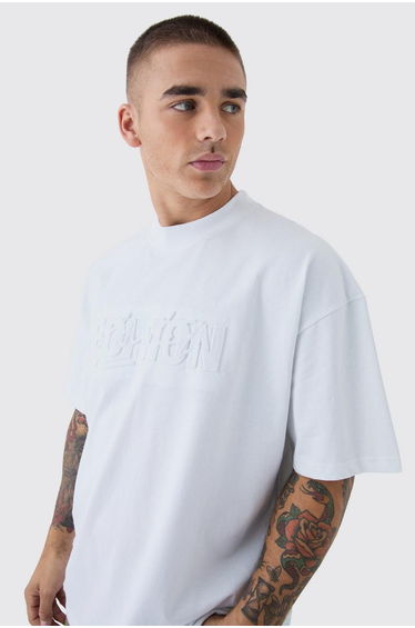 Oversized Extended Neck Limited Edition Embossed T-Shirt - white