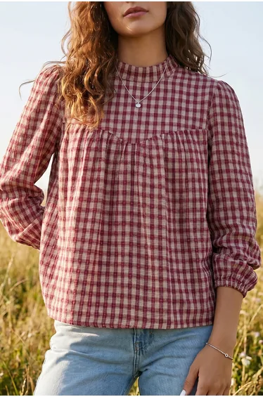 Lvness Coral Country Plaid Long Sleeve Button Keyhole Pleated Loose Blouse