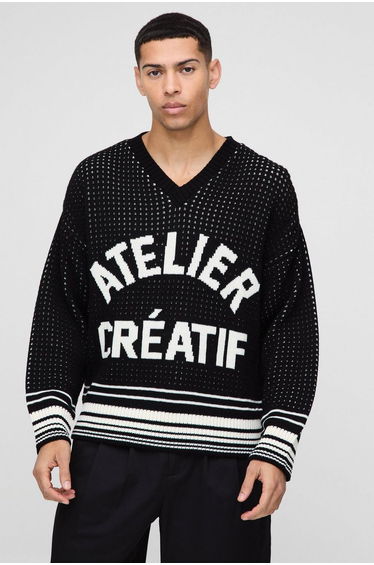 Boxy Crochet Look Stripe V Neck Knitted Jumper - black