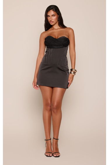 Black Satin Lace Sweetheart Boned Corset Mini Dress