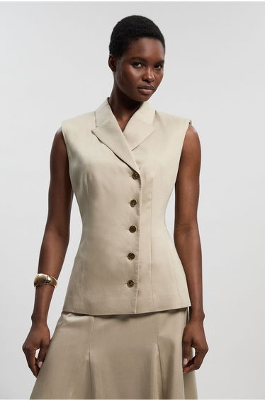 Tailored Linen Corset Back Detail Button Front Waistcoat