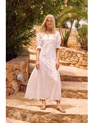 Mixed Broderie Button Front Puff Sleeve Maxi Dress