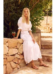 Mixed Broderie Button Front Puff Sleeve Maxi Dress - 1
