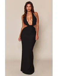 Shape Black Textured Halterneck Knot Detail Maxi Dress