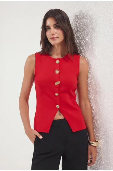 Red Button Detailed Vest