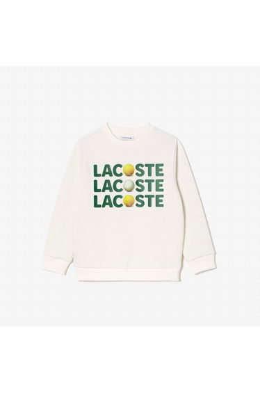 Boy's Lacoste Juniors Fleece Crewneck Print Sweatshirt in Cream