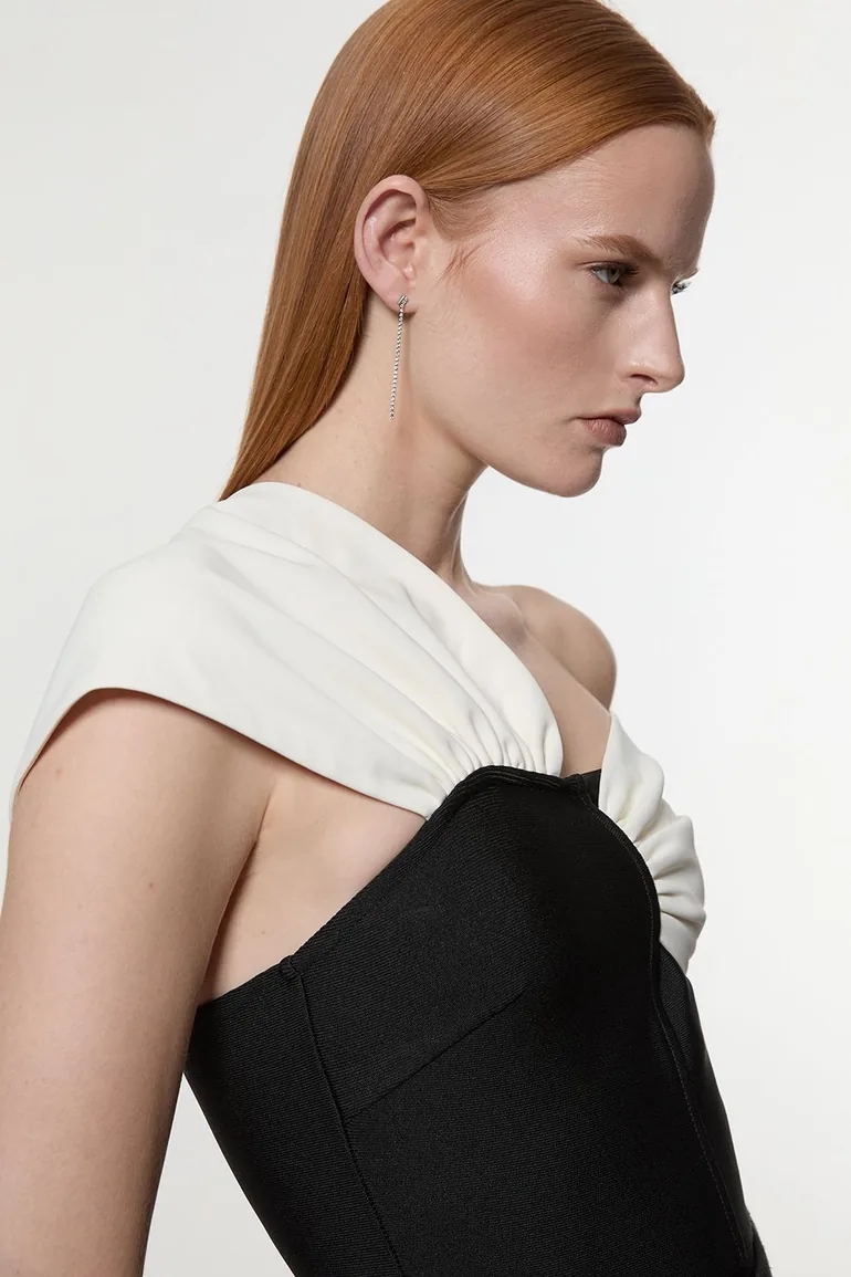 Figure Form Bandage Knit Asymmetric Strap Top - 2
