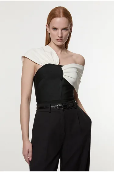 Figure Form Bandage Knit Asymmetric Strap Top