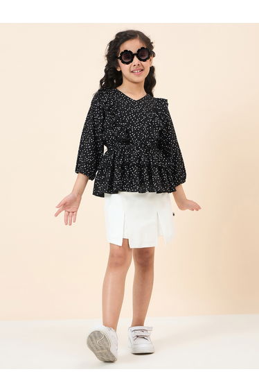 Girls Black Polka Dot Print Riffled Top