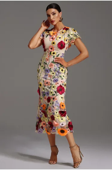 Naya Short Sleeve Round Neck Flowers Fishtail Midi Dress